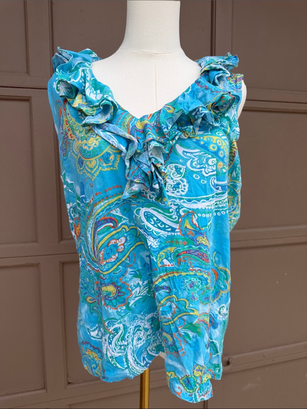 Lauren Ralph Lauren Turquoise Paisley Ruffle V-Neck Camisole cotton